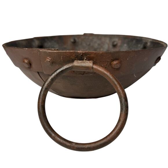 Antique Forged Iron Bowl with Ring Handles Primitive Rustic Decor - Picture 4 of 11